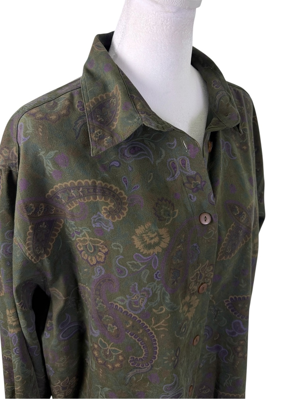 Capacity Olive Green Paisley Button Down Shirt L Oversized Artsy Boho - Picture 3 of 10